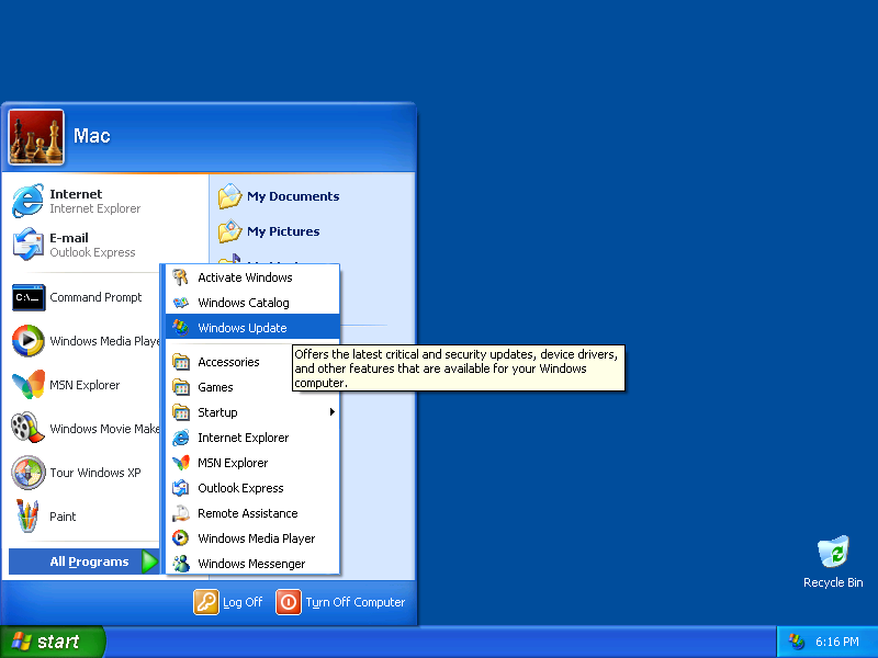 XP Windows Update menu